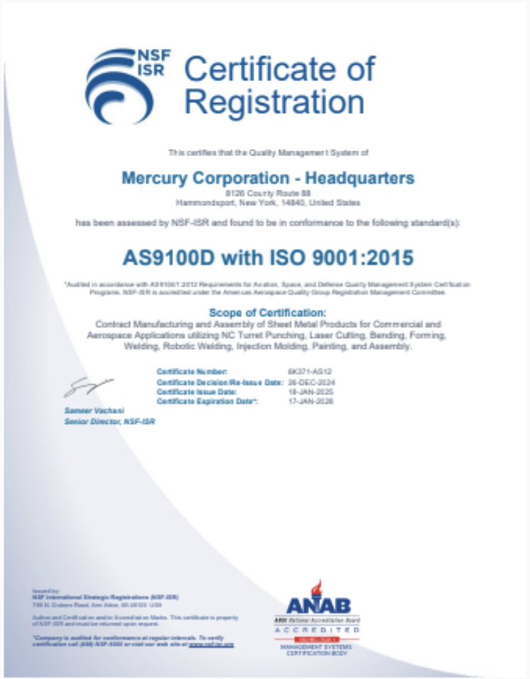 AS9100D with ISO 9001:2015 Certificate