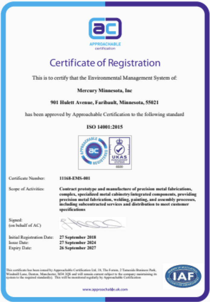 ISO 14001:2015 Certificate — Minnesota